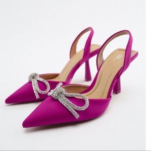 ZARA Fuchsia Pink Satin Embellished Crystal Bow Sling Back Heels